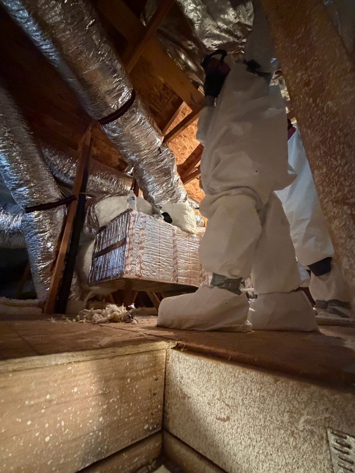AER crew working in an attic in protective suits